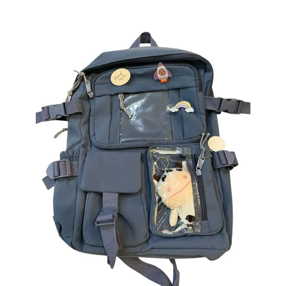 Kids Large Blue Canvas Backpack Pins Badges Plush Cow Keychain Padded New